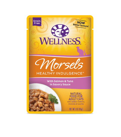 Wellness Healthy Indulgence Salmon & Tuna Morsels cat food pouch, grain-free, packed with protein and flavor.