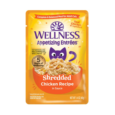 Wellness Appetizing Entrees Shredded Chicken Recipe wet cat food in sauce, rich in protein and hydration, 1.4oz.