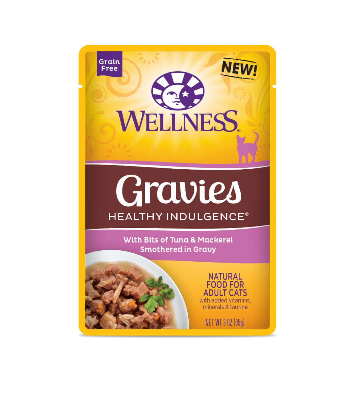 Wellness Healthy Indulgence Gravies Tuna & Mackerel Wet Cat Food pouch, grain-free nutrition for adult cats.