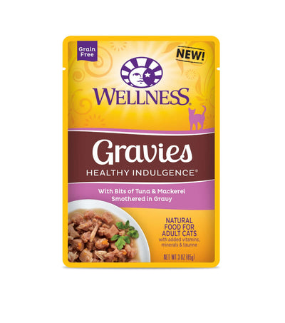 Wellness Healthy Indulgence Gravies Tuna & Mackerel Wet Cat Food pouch, grain-free nutrition for adult cats.