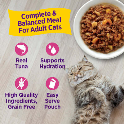 Wellness cat food featuring real tuna, hydration support, grain-free, and easy serve pouch for adult cats.