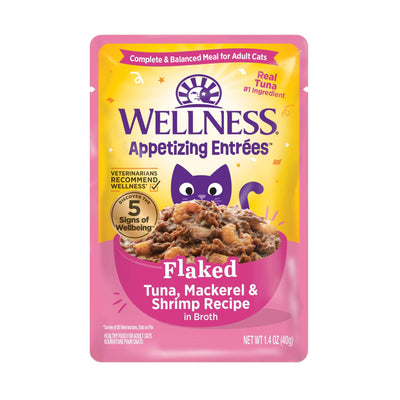 Wellness Appetizing Entrees Flaked Tuna, Mackerel & Shrimp Recipe Wet Cat Food, 1.4oz pack with savory broth.