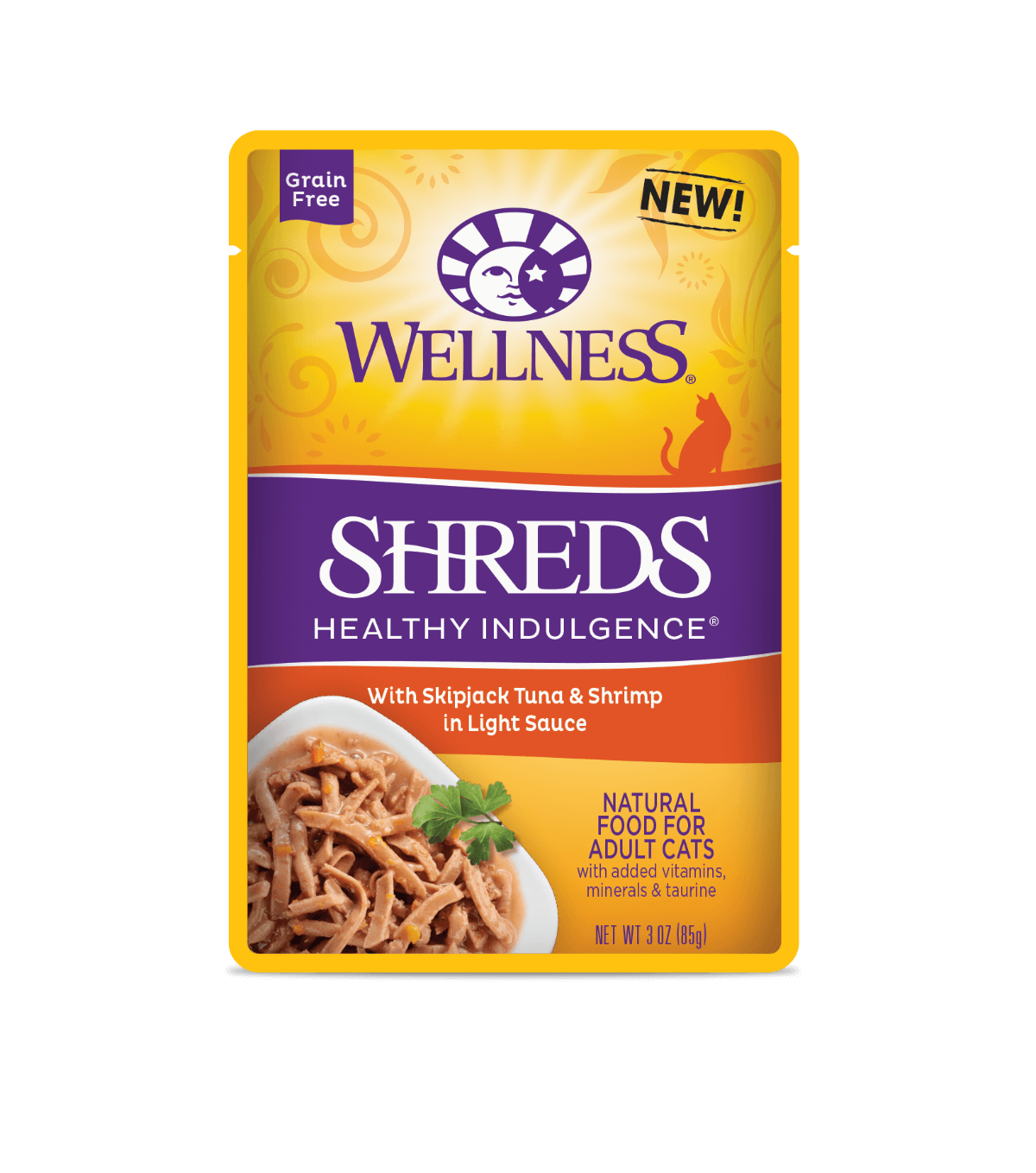 Wellness Healthy Indulgence Shreds Tuna & Shrimp 3oz wet cat food in a colorful pack, grain-free and high in protein.