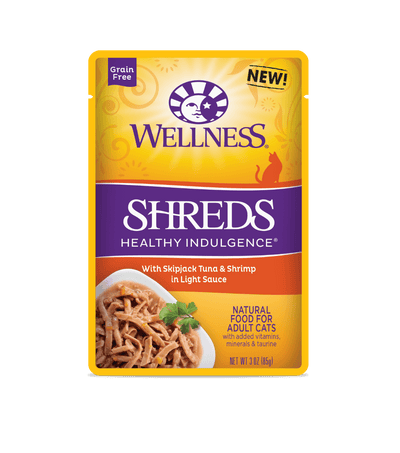 Wellness Healthy Indulgence Shreds Tuna & Shrimp 3oz wet cat food in a colorful pack, grain-free and high in protein.