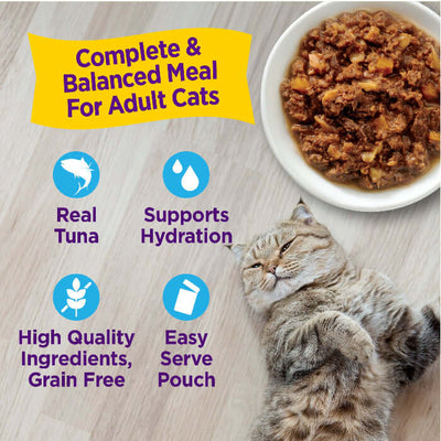 Wellness Appetizing Entrees flaked tuna & tilapia recipe wet cat food with a happy cat and nutritional highlights.