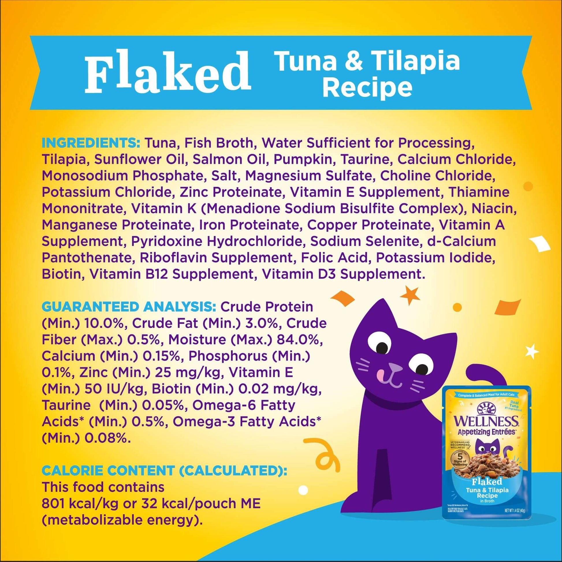 Wellness flaked tuna and tilapia recipe with ingredients and nutritional info for wet cat food.