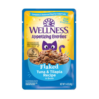 Wellness Appetizing Entrees Flaked Tuna & Tilapia Wet Cat Food in broth - 1.4oz pouch for healthy adult cats.