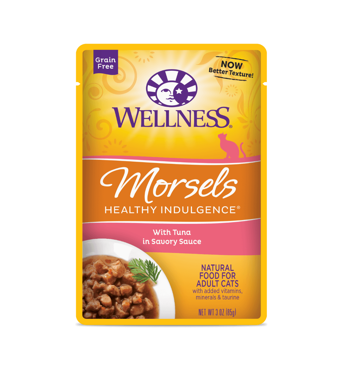 Wellness Healthy Indulgence Tuna Morsels wet cat food, grain-free, 3oz package with savory sauce.
