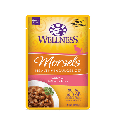 Wellness Healthy Indulgence Tuna Morsels wet cat food, grain-free, 3oz package with savory sauce.