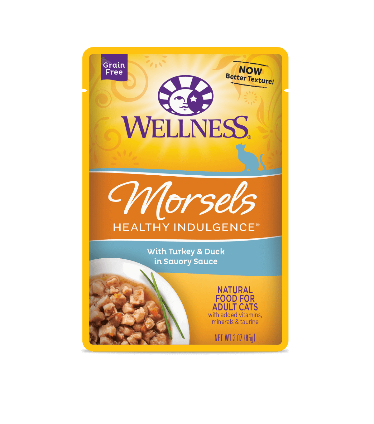 Wellness Healthy Indulgence Turkey & Duck Wet Cat Food pouch, grain-free, healthy cat meal in savory sauce.