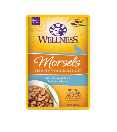 Wellness Healthy Indulgence Turkey & Duck Wet Cat Food pouch, grain-free, healthy cat meal in savory sauce.