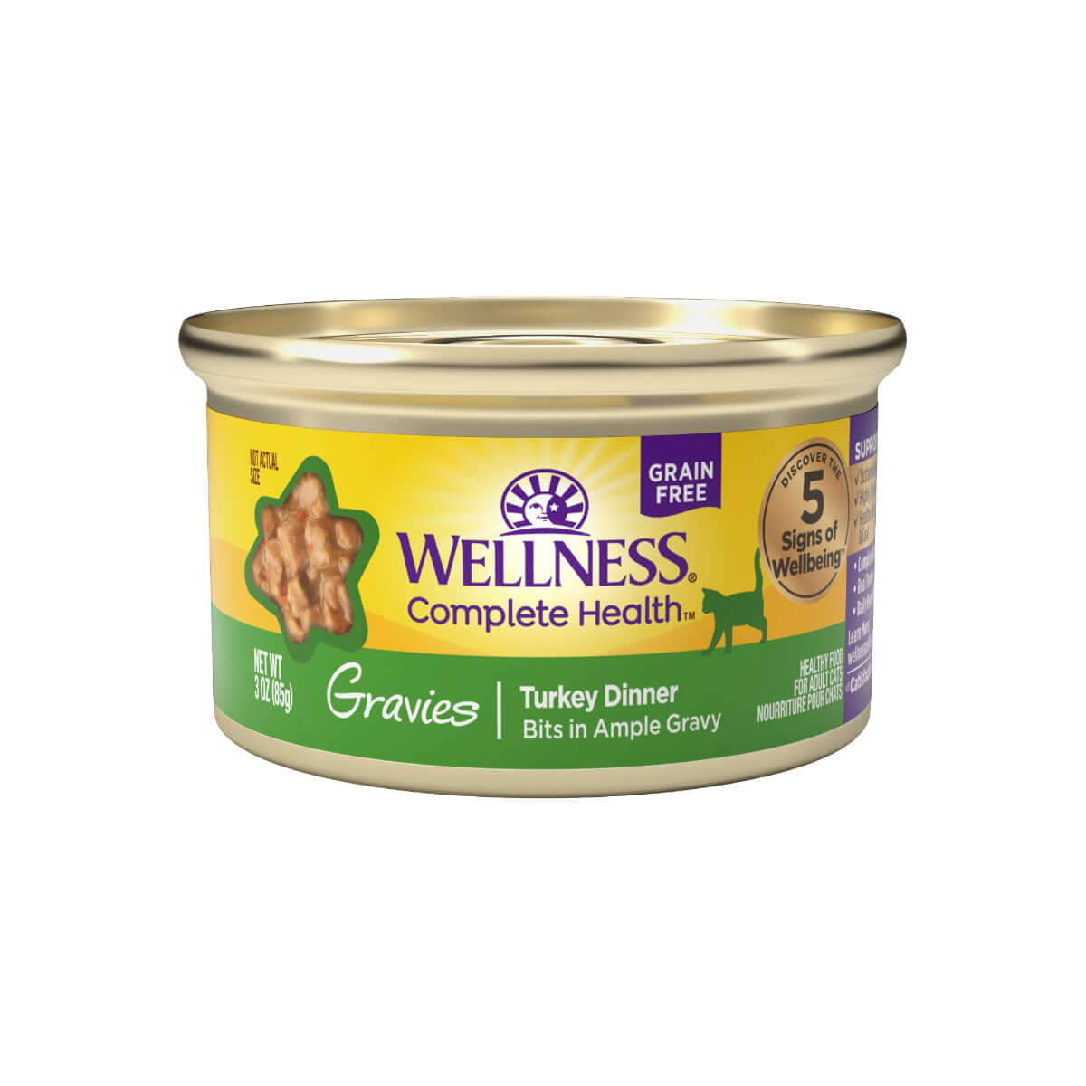 Wellness Complete Health Turkey Dinner canned cat food in gravy, 3oz, grain-free and nutritious formula for cats.