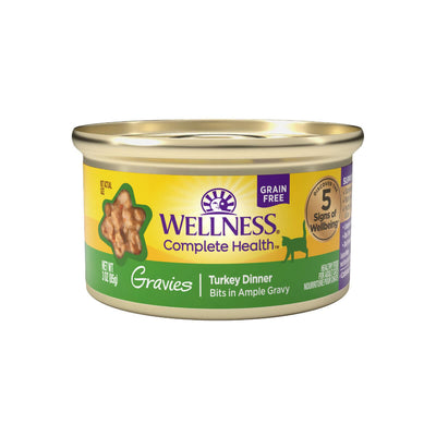 Wellness Complete Health Turkey Dinner canned cat food in gravy, 3oz, grain-free and nutritious formula for cats.