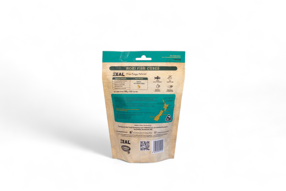 Zeal fish cubes packaging on a white background