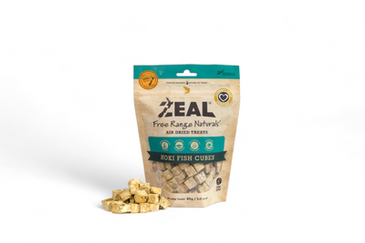 ZEAL free range natural dog treat package with treats on a white background